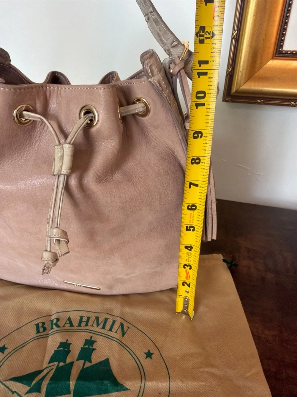 Brahmin Blush Taupe Drawstring Hobo Bucket Bag alligator embossed Tassel